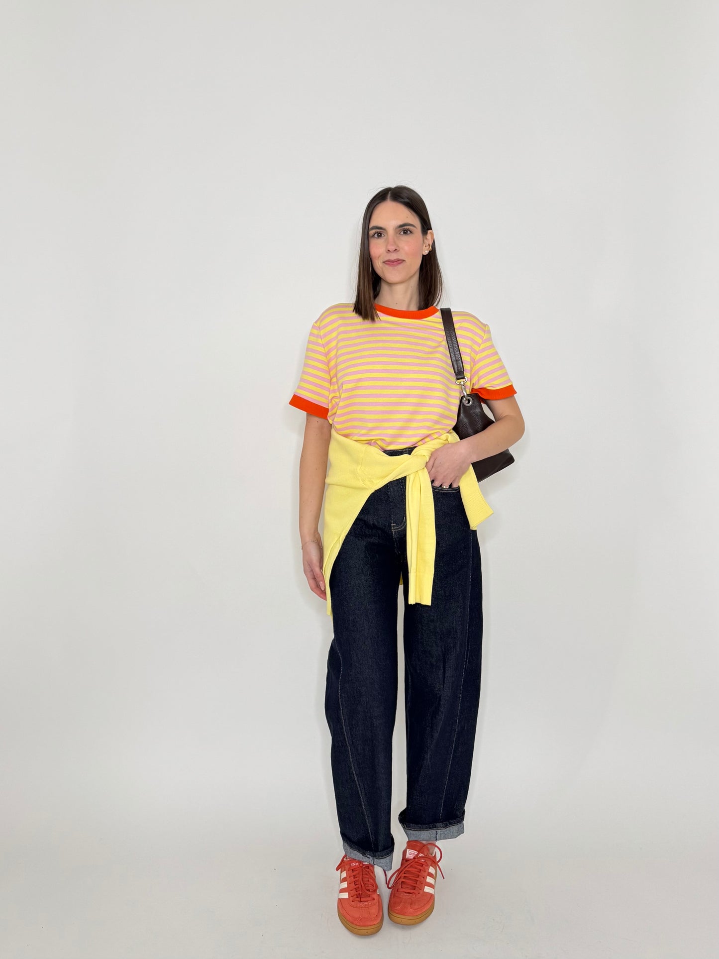 T-shirt a righe in cotone con contrasti Giallo/Rosa