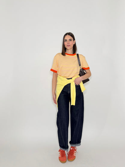 T-shirt a righe in cotone con contrasti Giallo/Rosa