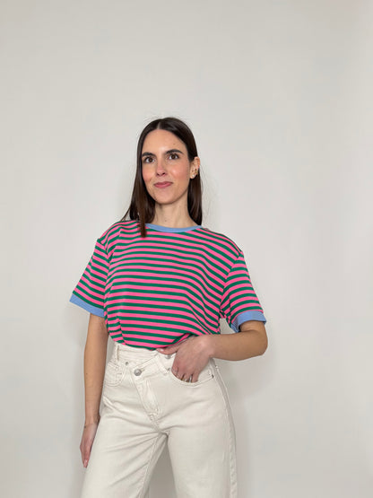 T-shirt a righe in cotone con contrasti Fucsia/Verde
