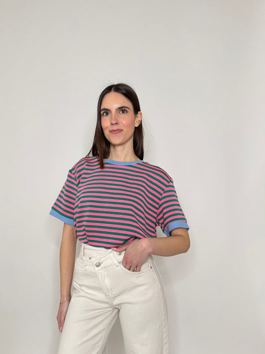 T-shirt a righe in cotone con contrasti Fucsia/Verde