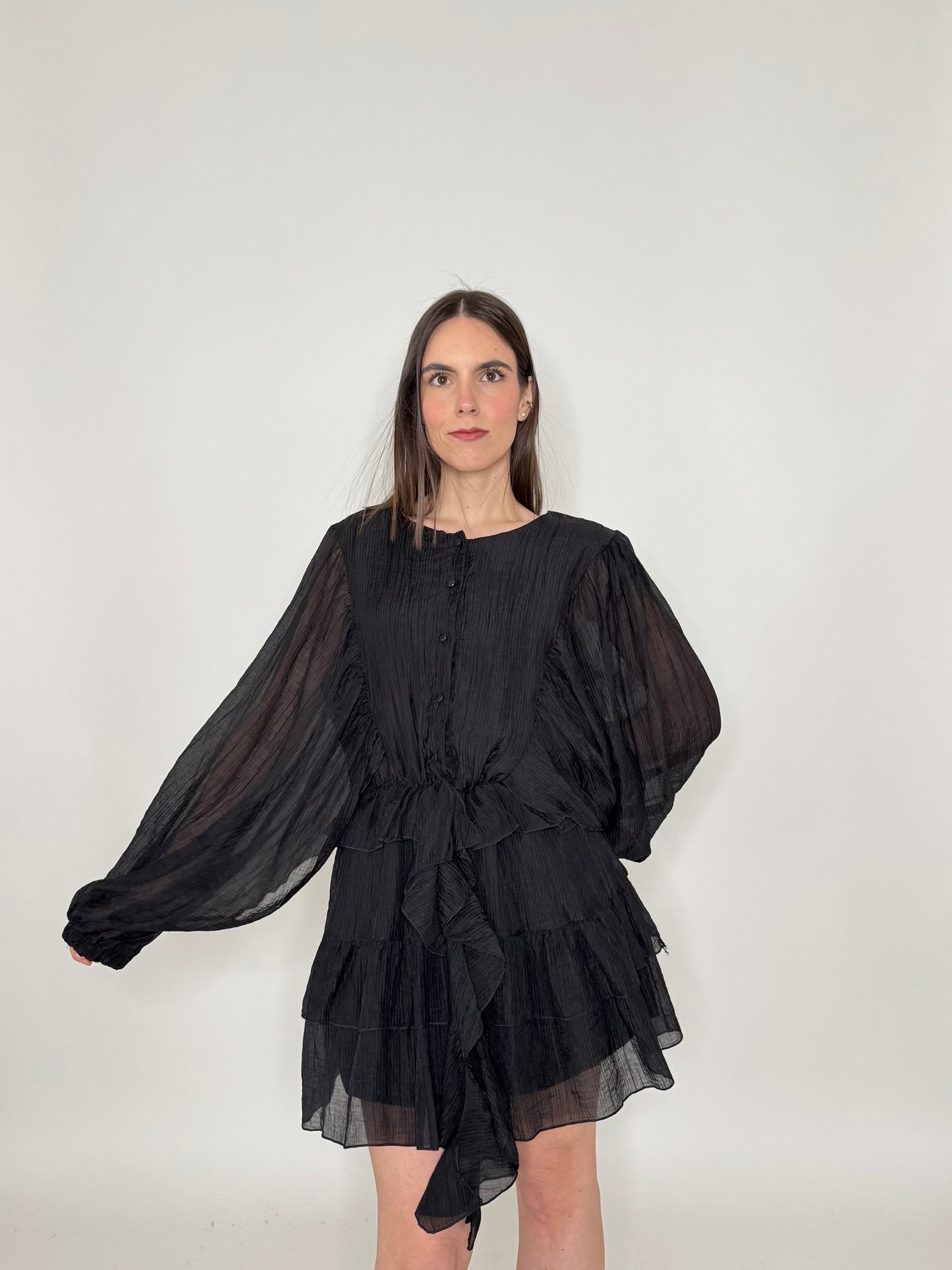 Abito mini in tencel effetto goffrato Nero
