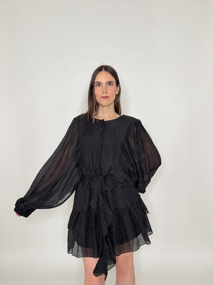 Abito mini in tencel effetto goffrato Nero