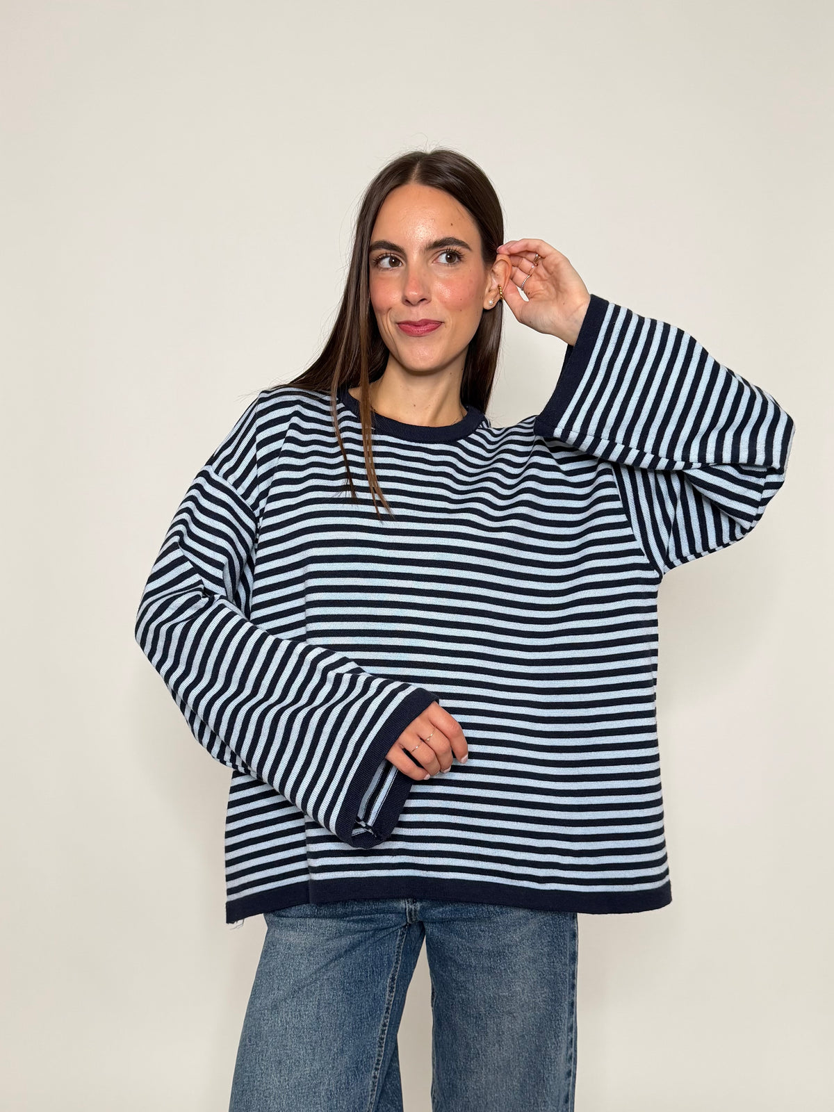Maglia mille righe in morbida viscosa manica lunga ampia blue