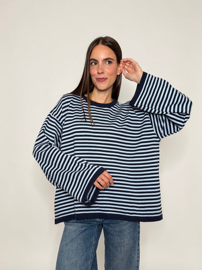 Maglia mille righe in morbida viscosa manica lunga ampia blue
