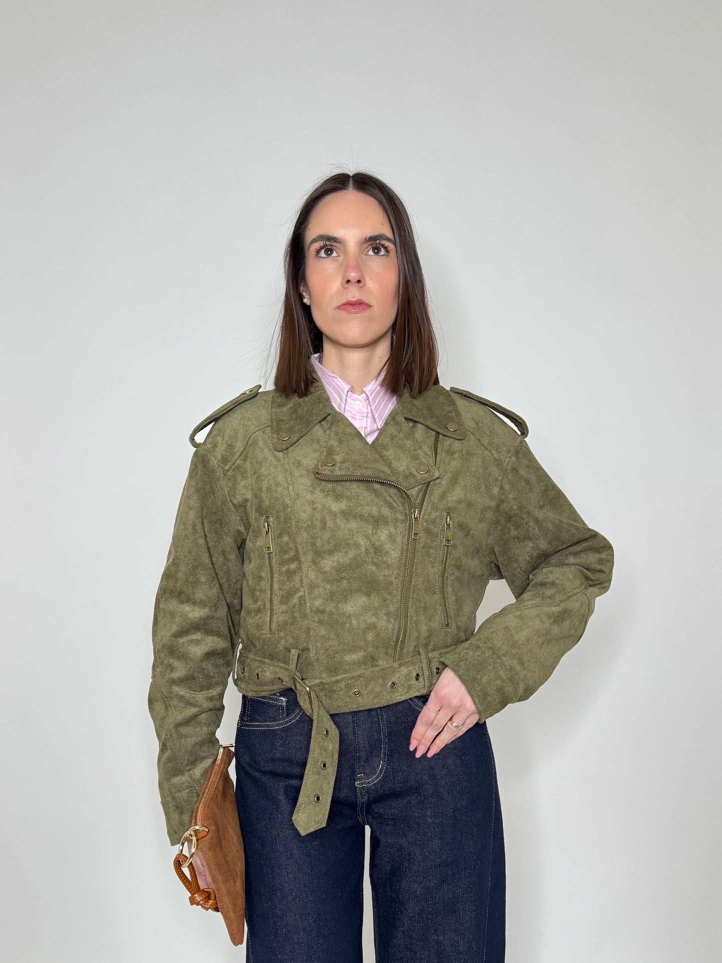 Giacca Biker Effetto Camoscio Verde