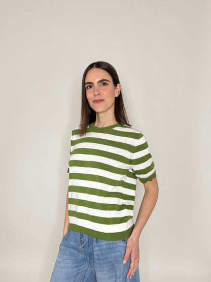 Maglia girocollo a righe manica corta in 100% cotone Pistacchio/Panna
