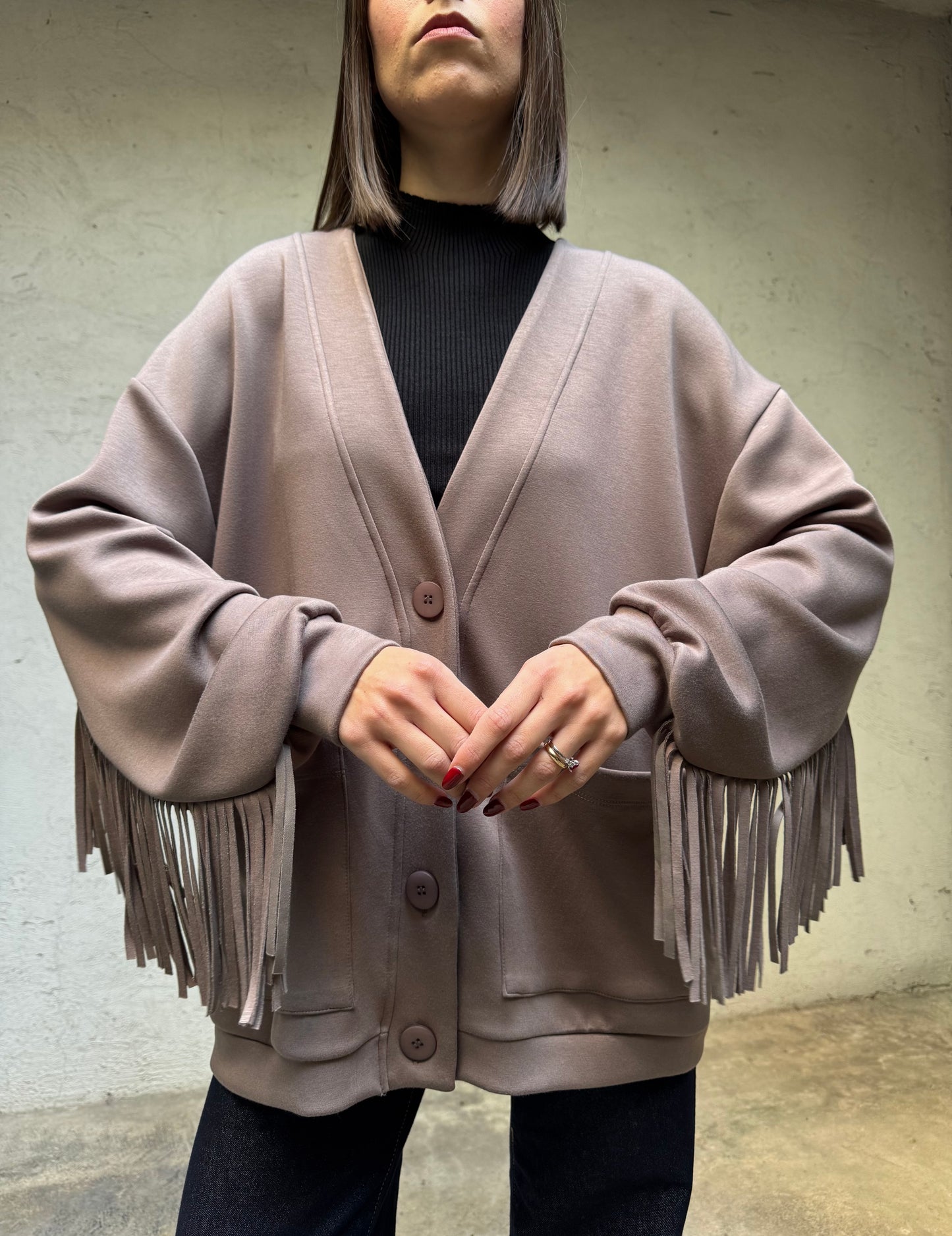 Cardigan frange tessuto felpa viscosa Tortora - Lumina