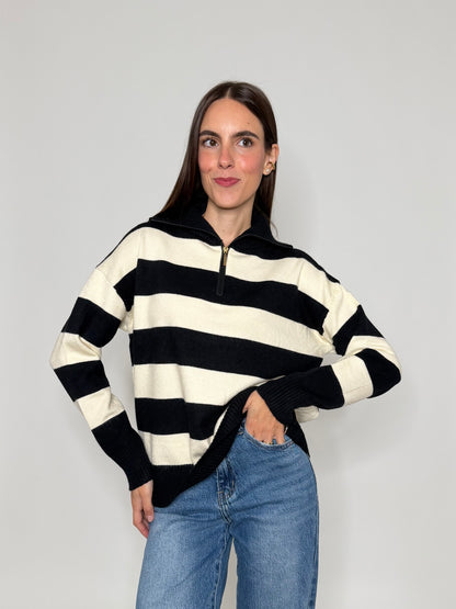 Maglione mezza zip collo alto a righe in morbida viscosa nero/panna