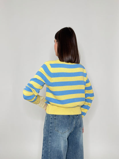Maglia girocollo a righe in 100% cotone Giallo/jeans