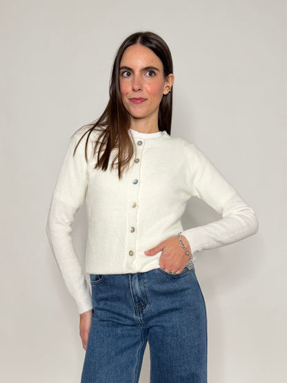 Cardigan "neve" in morbida viscosa e cotone bianco latte