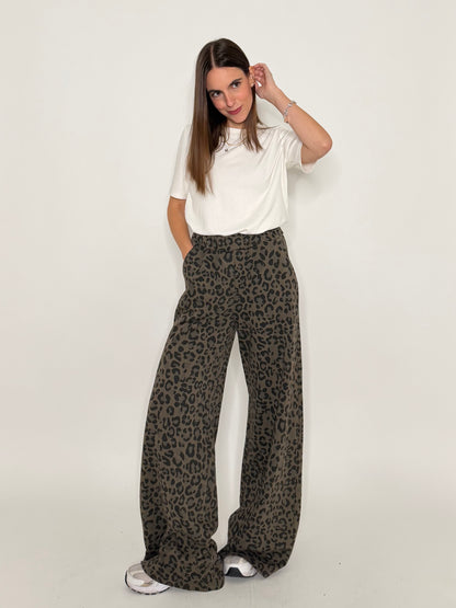 Pantalone palazzo leopardato in cotone