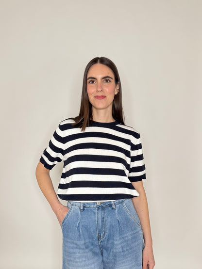 Maglia girocollo a righe manica corta in 100% cotone Blu Navy/Panna
