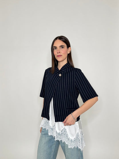 Giacca coreana Marilyn gessata in viscosa e lino Blu
