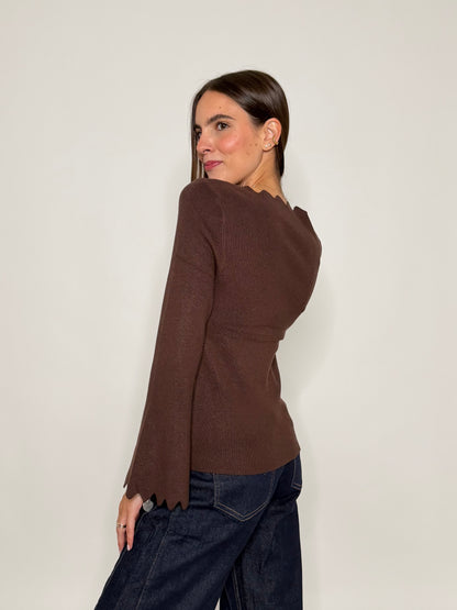 Maglia in morbida viscosa zigzag con manica a campana cioccolato