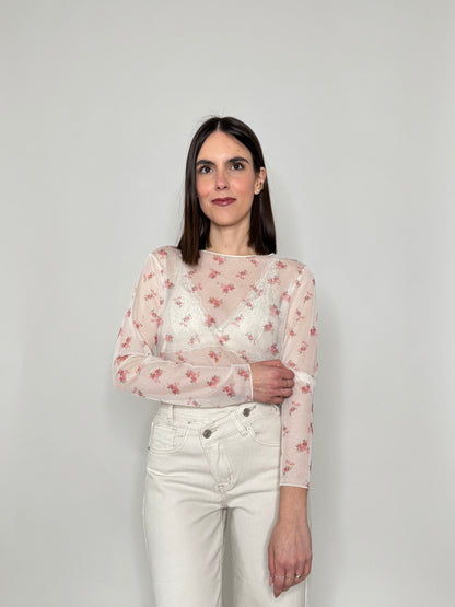 Maglia in tulle con micro fiori Panna