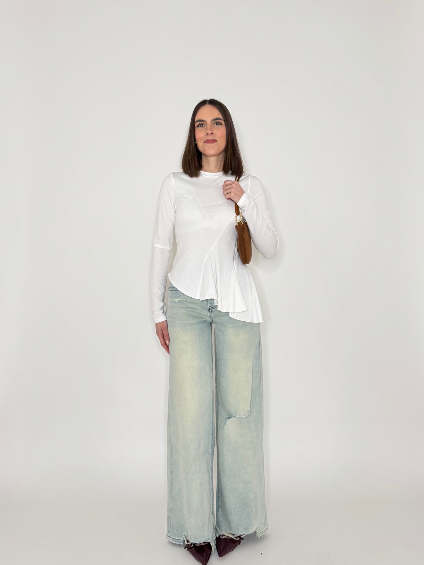 Maglia girocollo in cotone asimmetrica Bianco - Lumina