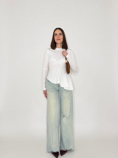 Maglia girocollo in cotone asimmetrica Bianco - Lumina