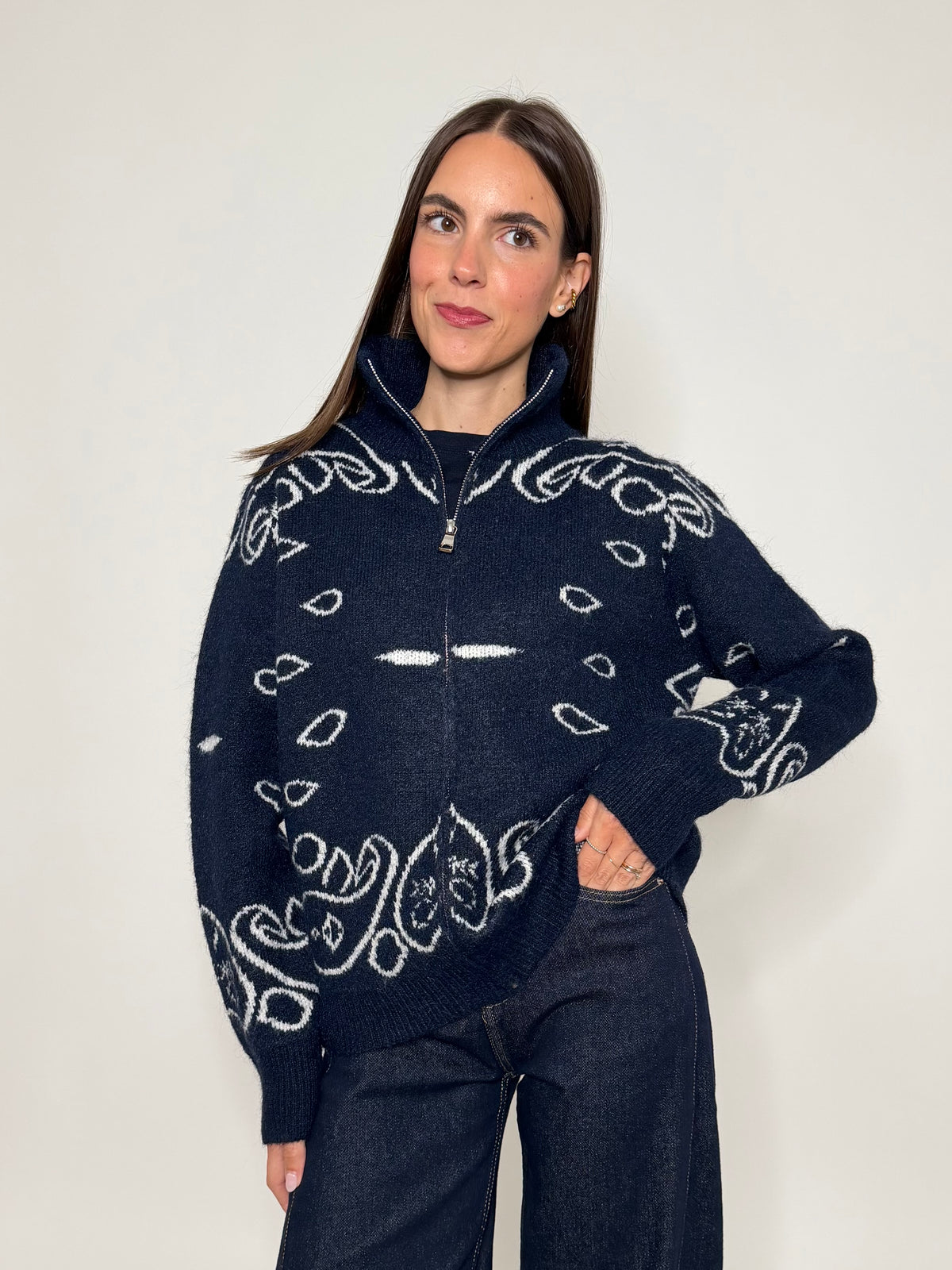 Cardigan con zip Bandana misto lana Blu