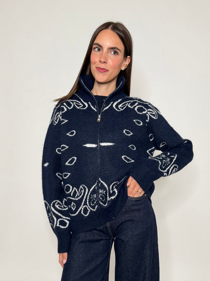 Cardigan con zip Bandana misto lana Blu