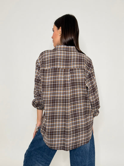 Camicia check vienna in cotone tabacco/celeste