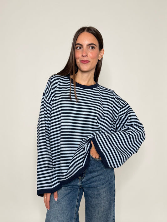 Maglia mille righe in morbida viscosa manica lunga ampia blue