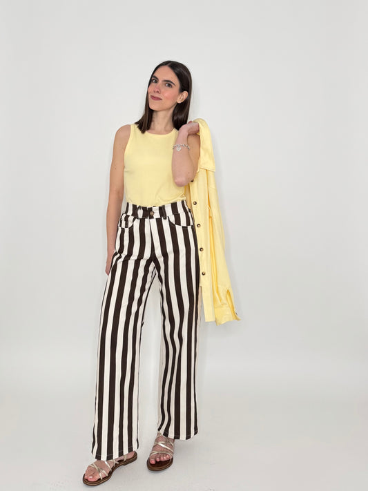 Jeans cinque tasche a righe modello wide leg Panna/cioccolato