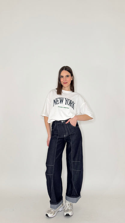 Jeans wide leg barrel con impunture Dark Blu