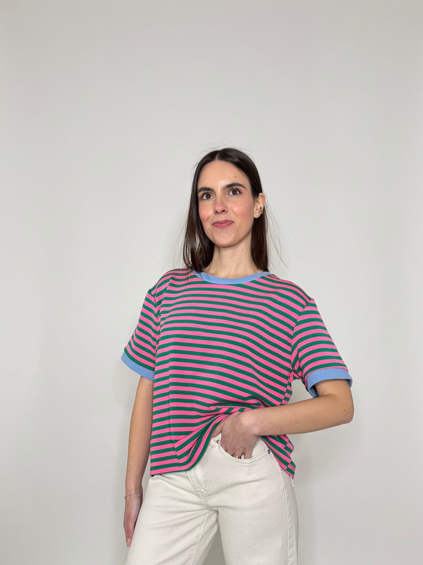 T-shirt a righe in cotone con contrasti Fucsia/Verde