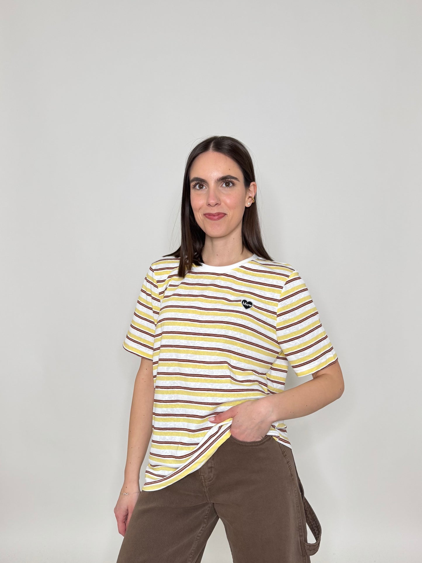T-shirt righe light cotton con cuore Giallo