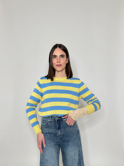 Maglia girocollo a righe in 100% cotone Giallo/jeans