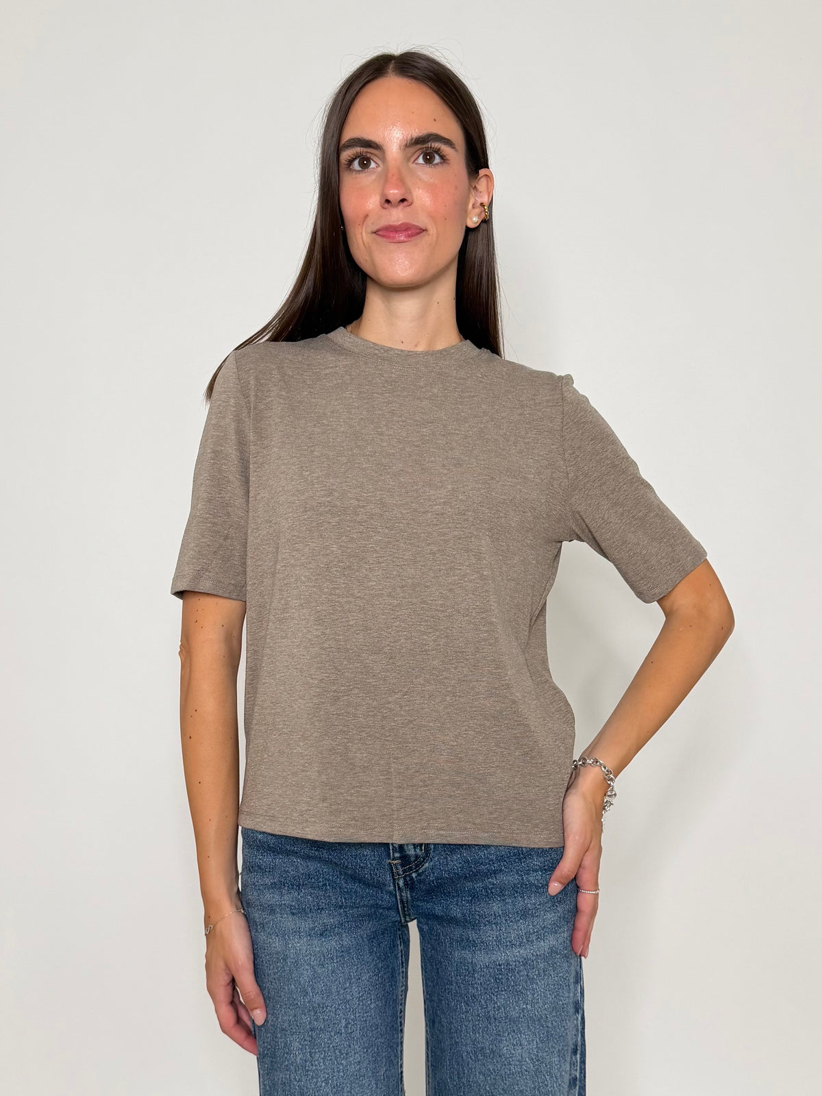 Maglia girocollo basic in viscosa e cotone tortora