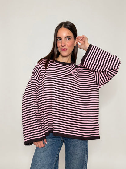 Maglia mille righe in morbida viscosa manica lunga ampia rosa