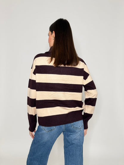 Maglione mezza zip collo alto a righe in morbida viscosa cioccolato/beige