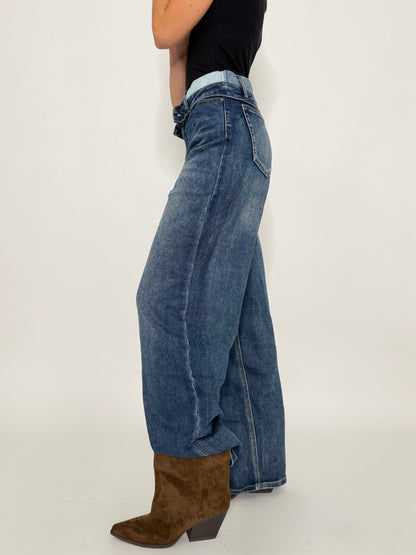 Jeans Wide Leg in Denim Blu con vita risvoltata
