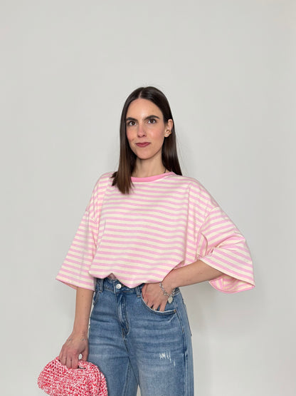 Maglia Felpa a righe light cotton in cotone Rosa/Panna