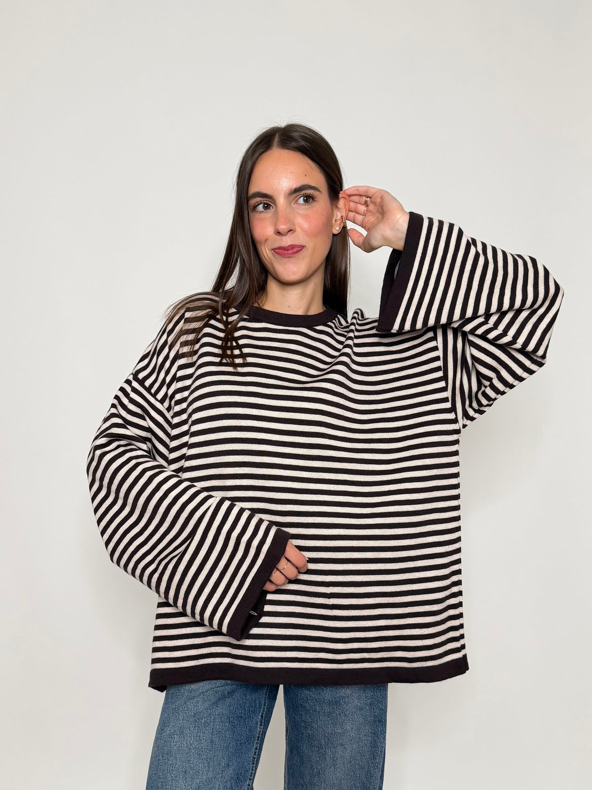 Maglia mille righe in morbida viscosa manica lunga ampia Coffe