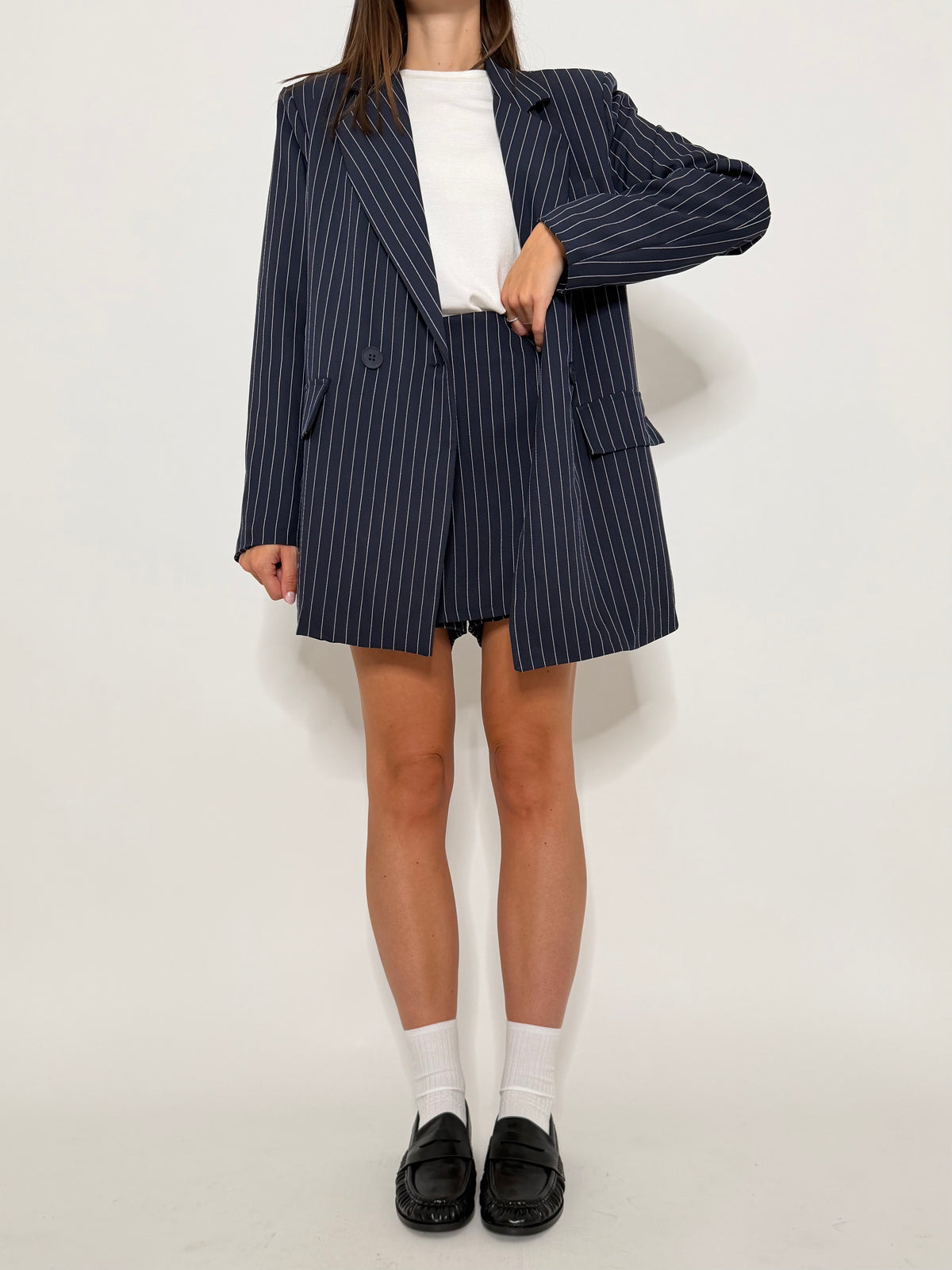 Gonna pantalone gessata blu