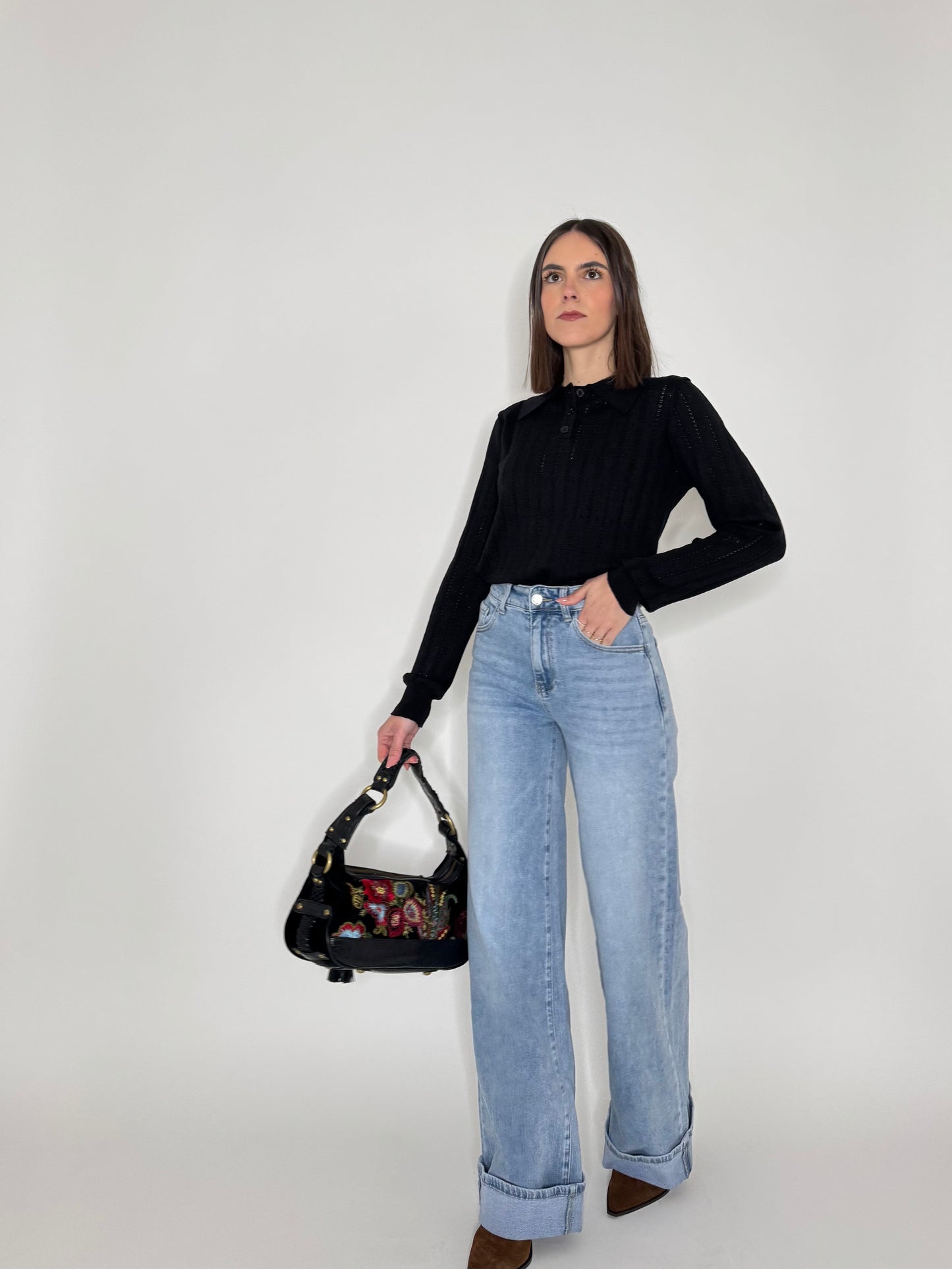 Maglia polo in viscosa con cuoricini Nero
