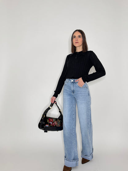 Maglia polo in viscosa con cuoricini Nero