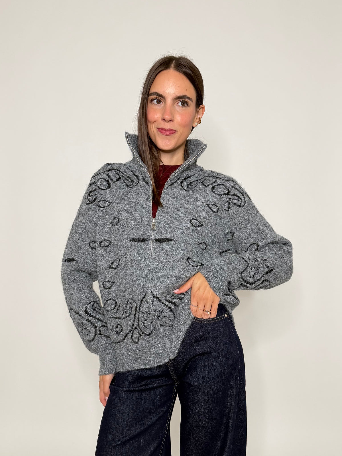 Cardigan con zip Bandana misto lana Grigio