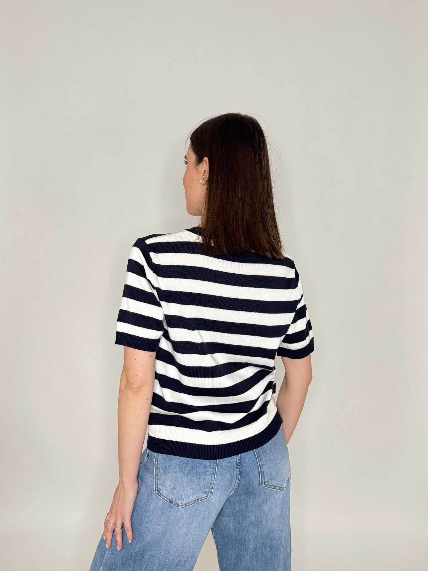 Maglia girocollo a righe manica corta in 100% cotone Blu Navy/Panna