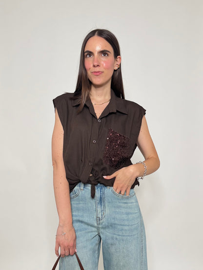 Camicia in lino e viscosa con taschino pailletes Cioccolato