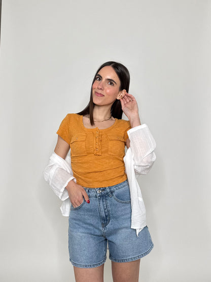 Maglia crop arricciata Serafino Senape