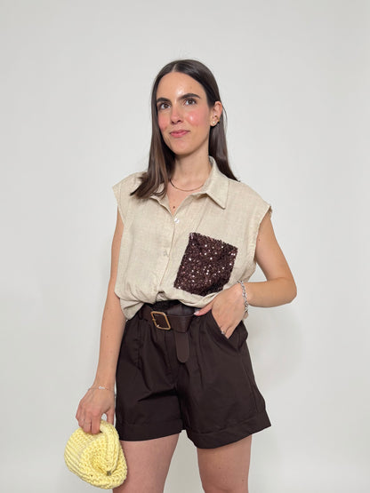 Camicia in lino e viscosa con taschino pailletes Beige