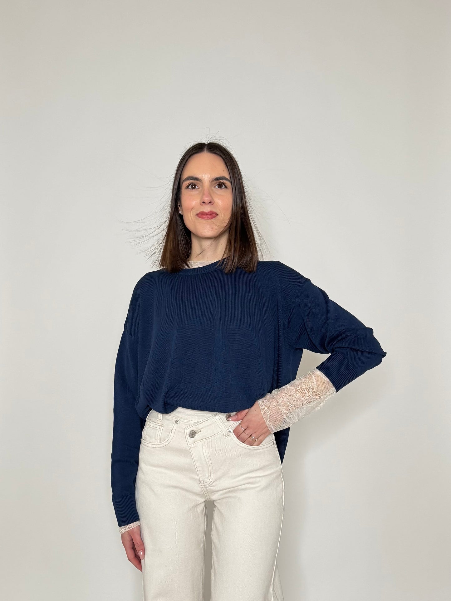 Maglia girocollo scatoletta in 100% cotone Blu Navy