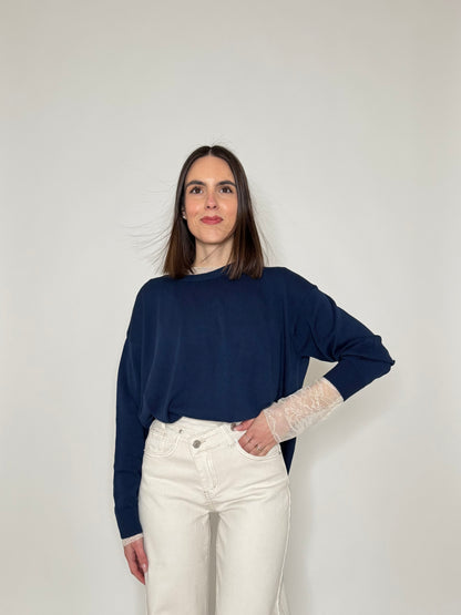Maglia girocollo scatoletta in 100% cotone Blu Navy