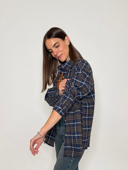 Camicia check in cotone con taschino blu