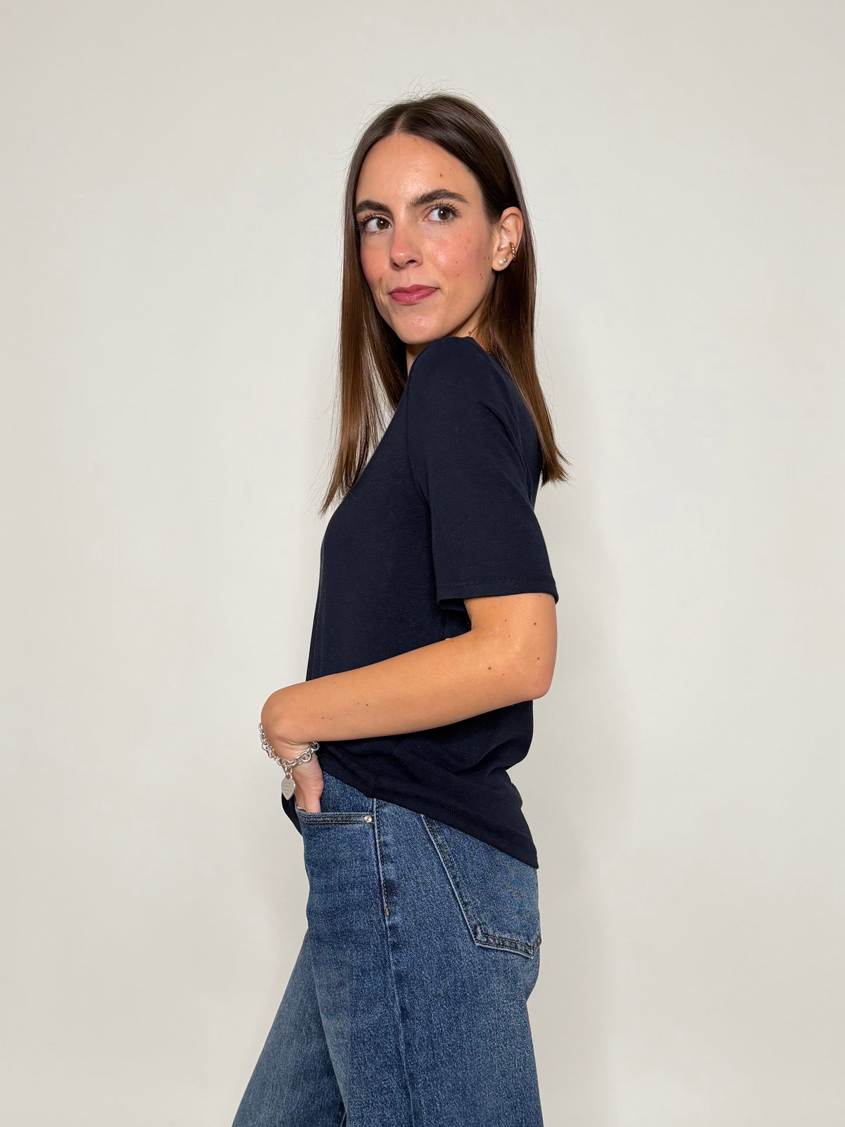 Maglia girocollo basic in viscosa e cotone blu navy