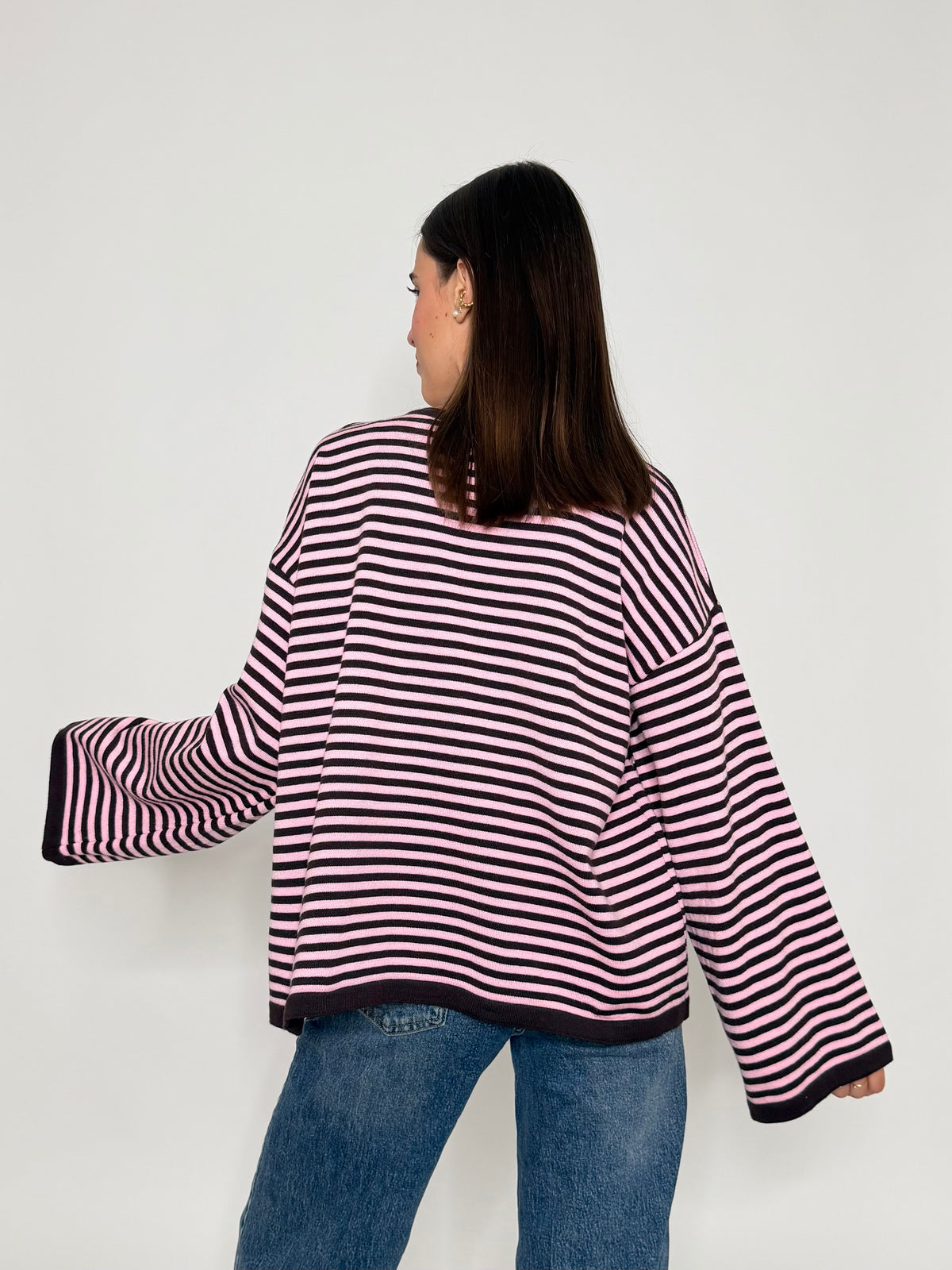Maglia mille righe in morbida viscosa manica lunga ampia rosa