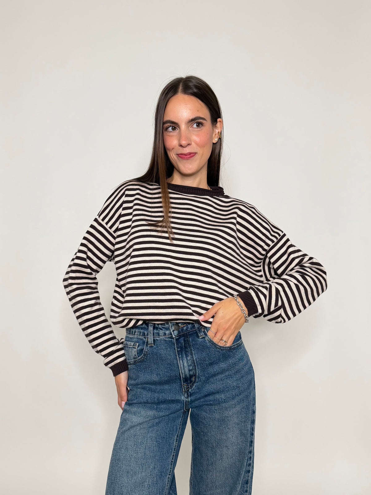 Maglia mille righe fit in morbida viscosa manica lunga coffee